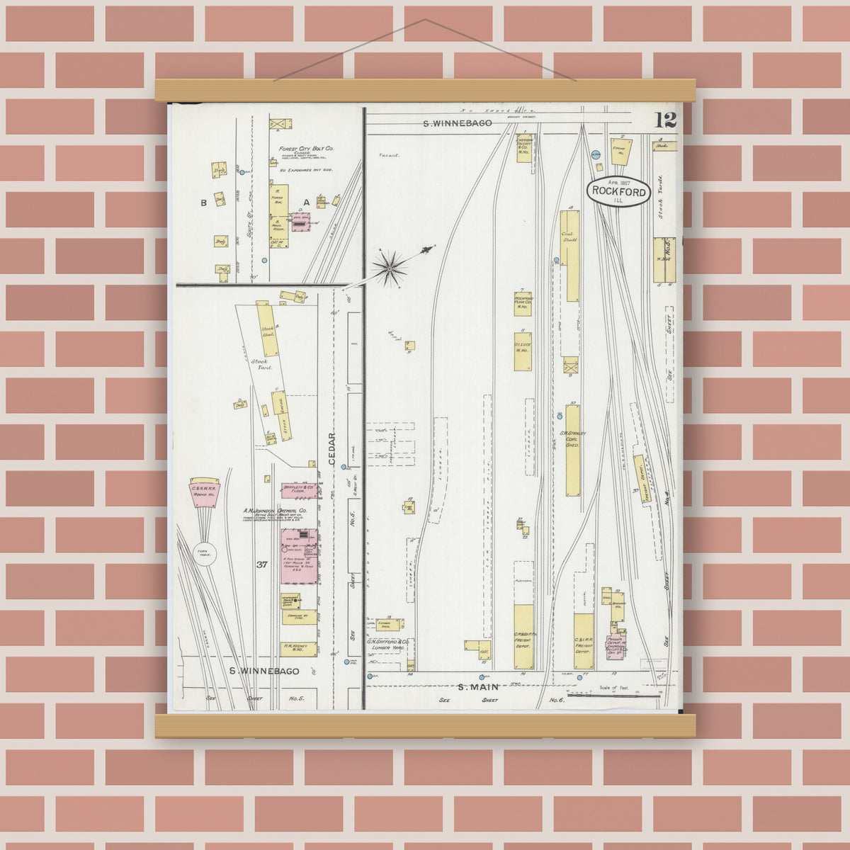 Old map wall art mockup — magnetic wood frame on brick wall — Sanborn Fire Insurance Map from Rockford, Winnebago County, Illinois (1887), Sheet #0012