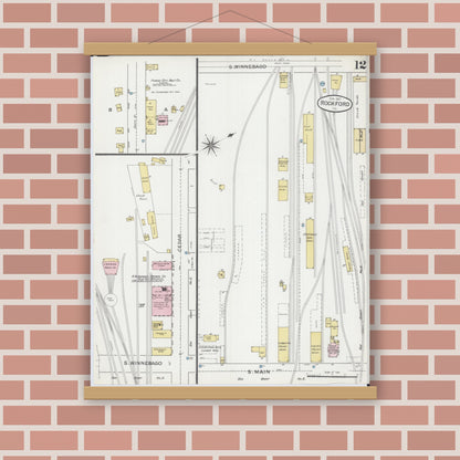 Old map wall art mockup — magnetic wood frame on brick wall — Sanborn Fire Insurance Map from Rockford, Winnebago County, Illinois (1887), Sheet #0012