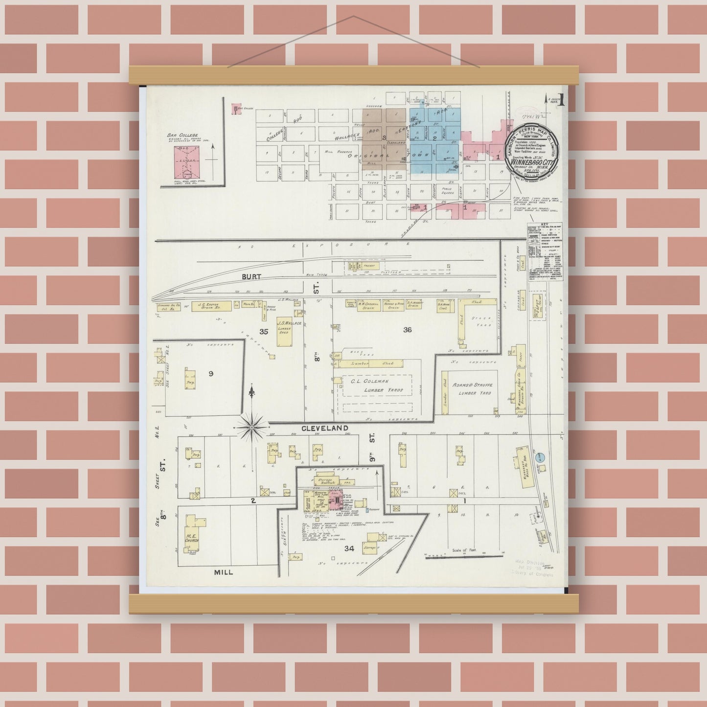 Old map wall art mockup — magnetic wood frame on brick wall — Sanborn Fire Insurance Map from Winnebago, Faribault County, Minnesota (1891) - Complete Map Set