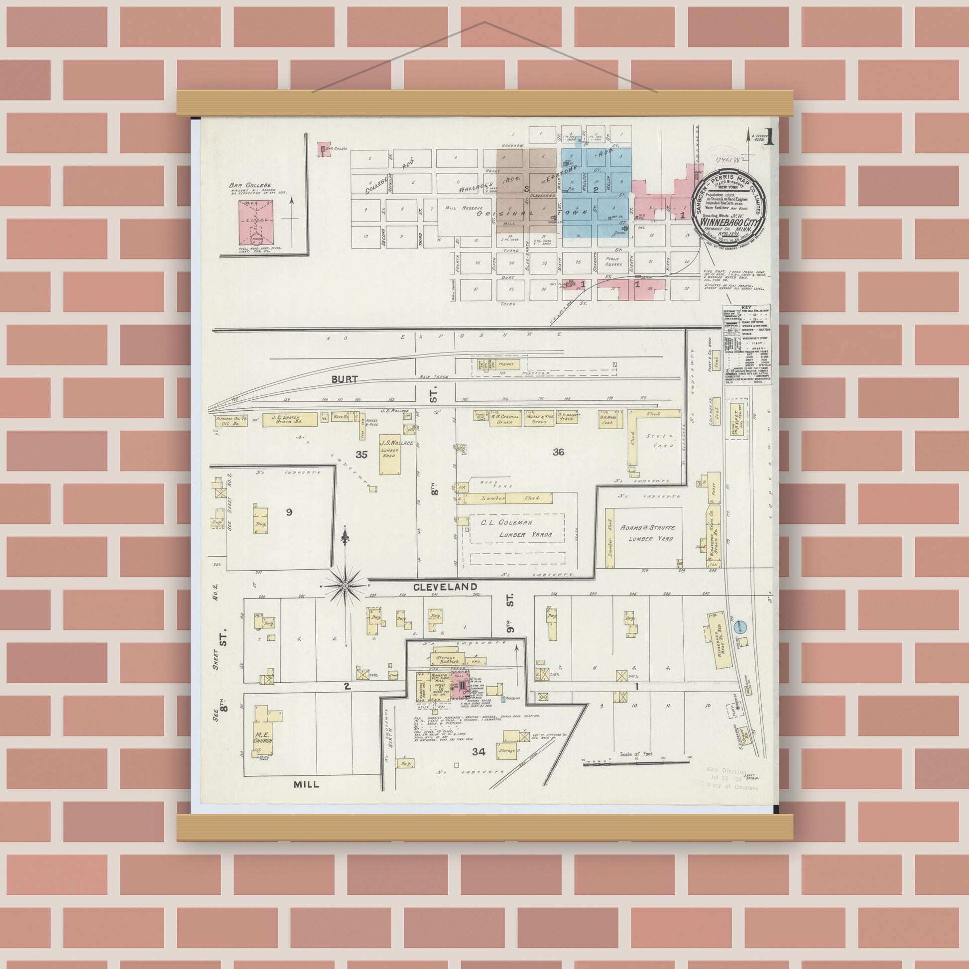 Old map wall art mockup — magnetic wood frame on brick wall — Sanborn Fire Insurance Map from Winnebago, Faribault County, Minnesota (1891) - Complete Map Set