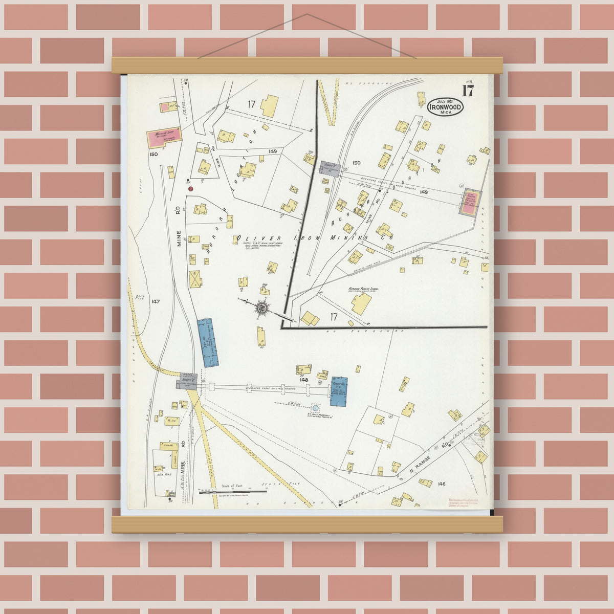 Old map wall art mockup — magnetic wood frame on brick wall — Sanborn Fire Insurance Map from Ironwood, Gogebic County, Michigan (1921), Sheet #0017