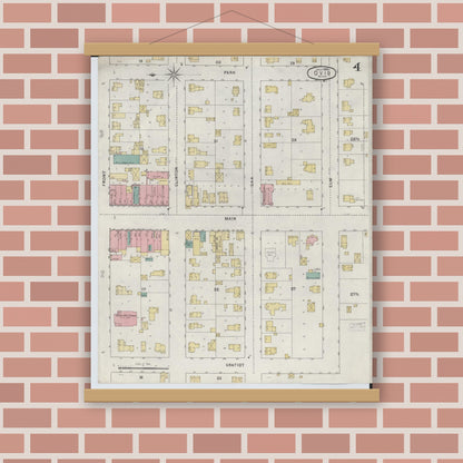 Old map wall art mockup — magnetic wood frame on brick wall — Sanborn Fire Insurance Map from Ovid, Clinton County, Michigan (1895), Sheet #0004