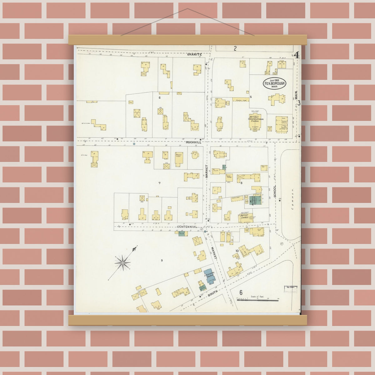 Old map wall art mockup — magnetic wood frame on brick wall — Sanborn Fire Insurance Map from Foxboro, Norfolk County, Massachusetts (1903), Sheet #0004