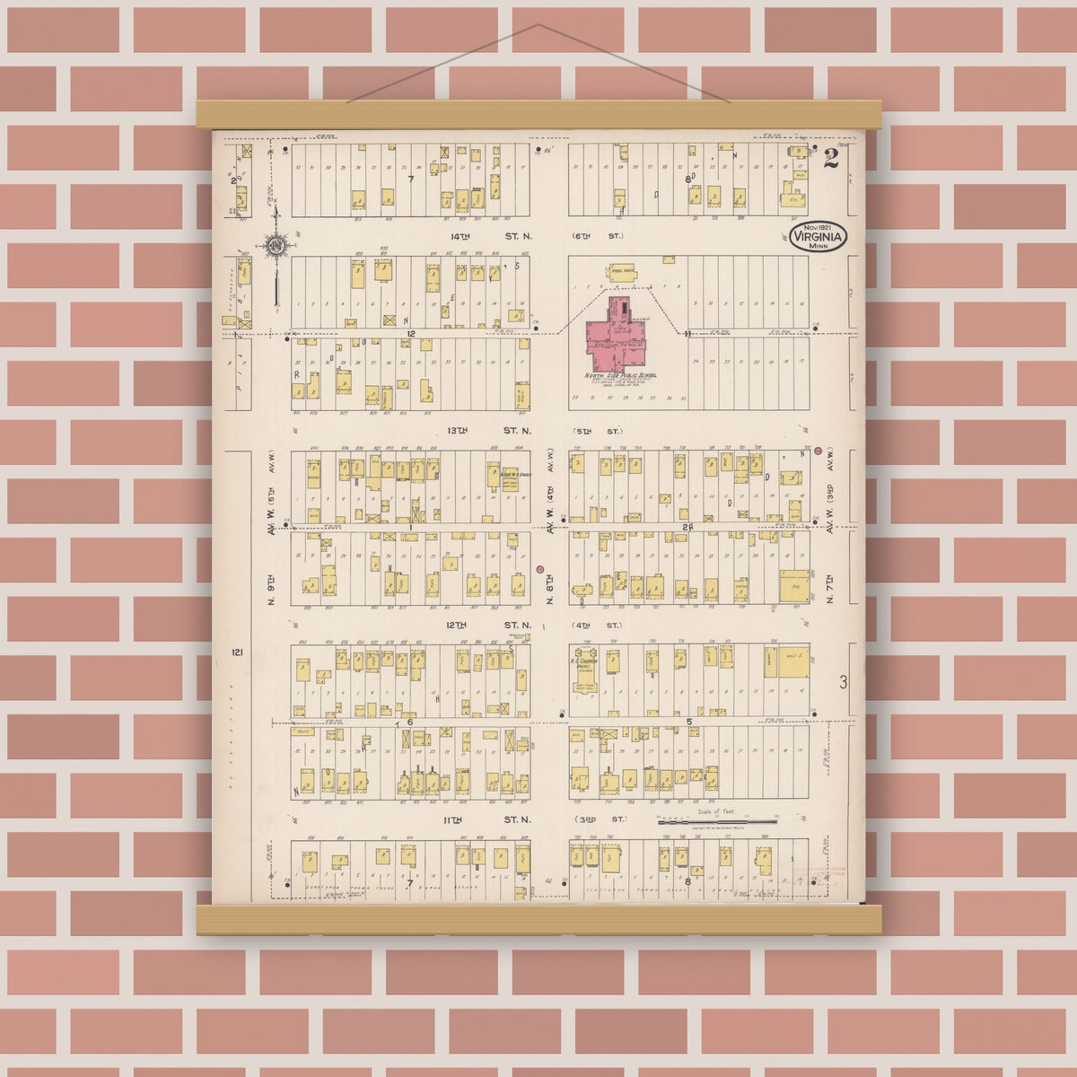 Old map wall art mockup — magnetic wood frame on brick wall — Sanborn Fire Insurance Map from Virginia, Saint Louis County, Minnesota (1921), Sheet #0002