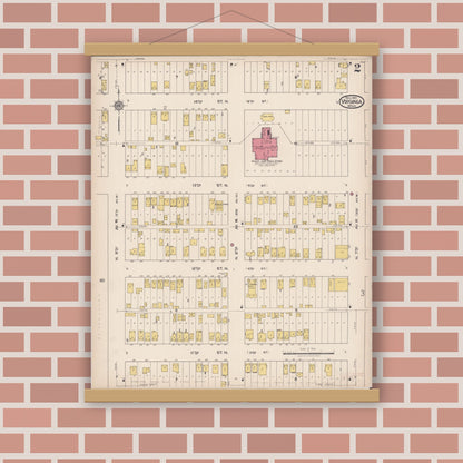 Old map wall art mockup — magnetic wood frame on brick wall — Sanborn Fire Insurance Map from Virginia, Saint Louis County, Minnesota (1921), Sheet #0002