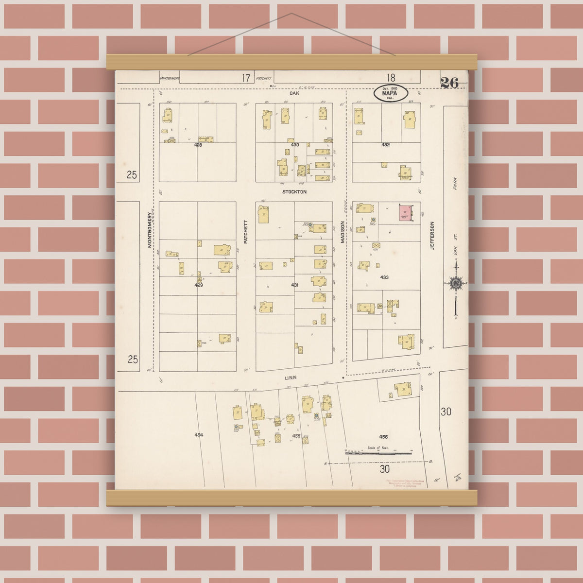 Old map wall art mockup — magnetic wood frame on brick wall — Sanborn Fire Insurance Map from Napa, Napa County, California (1910), Sheet #0026