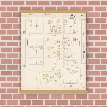 Old map wall art mockup — magnetic wood frame on brick wall — Sanborn Fire Insurance Map from Napa, Napa County, California (1910), Sheet #0026