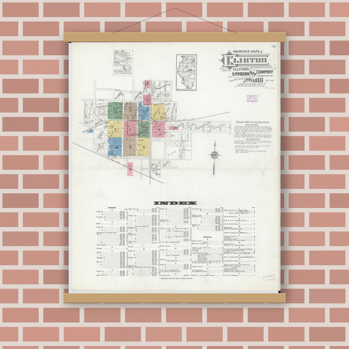 Old map wall art mockup — magnetic wood frame on brick wall — Sanborn Fire Insurance Map from Clinton, De Witt County, Illinois (1916) - Complete Map Set