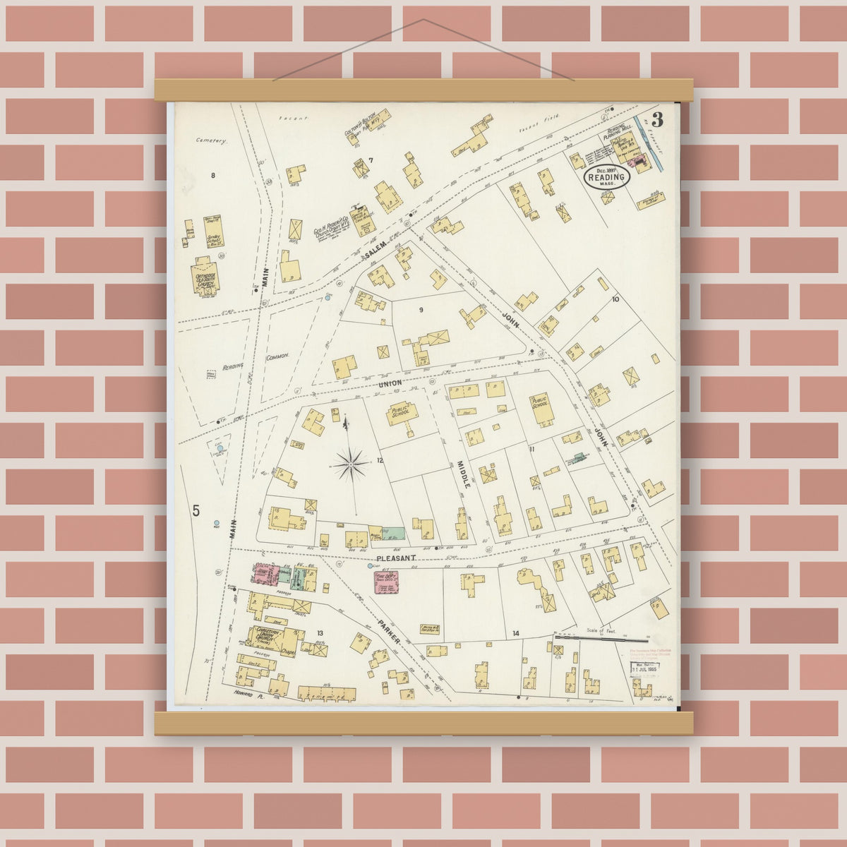 Old map wall art mockup — magnetic wood frame on brick wall — Sanborn Fire Insurance Map from Reading, Middlesex County, Massachusetts (1897), Sheet #0003