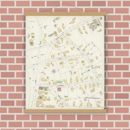Old map wall art mockup — magnetic wood frame on brick wall — Sanborn Fire Insurance Map from Reading, Middlesex County, Massachusetts (1897), Sheet #0003