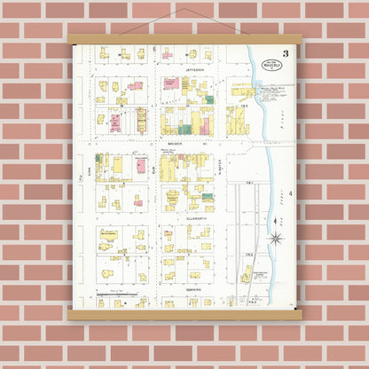 Old map wall art mockup — magnetic wood frame on brick wall — Sanborn Fire Insurance Map from Waverly, Bremer County, Iowa (1905), Sheet #0003
