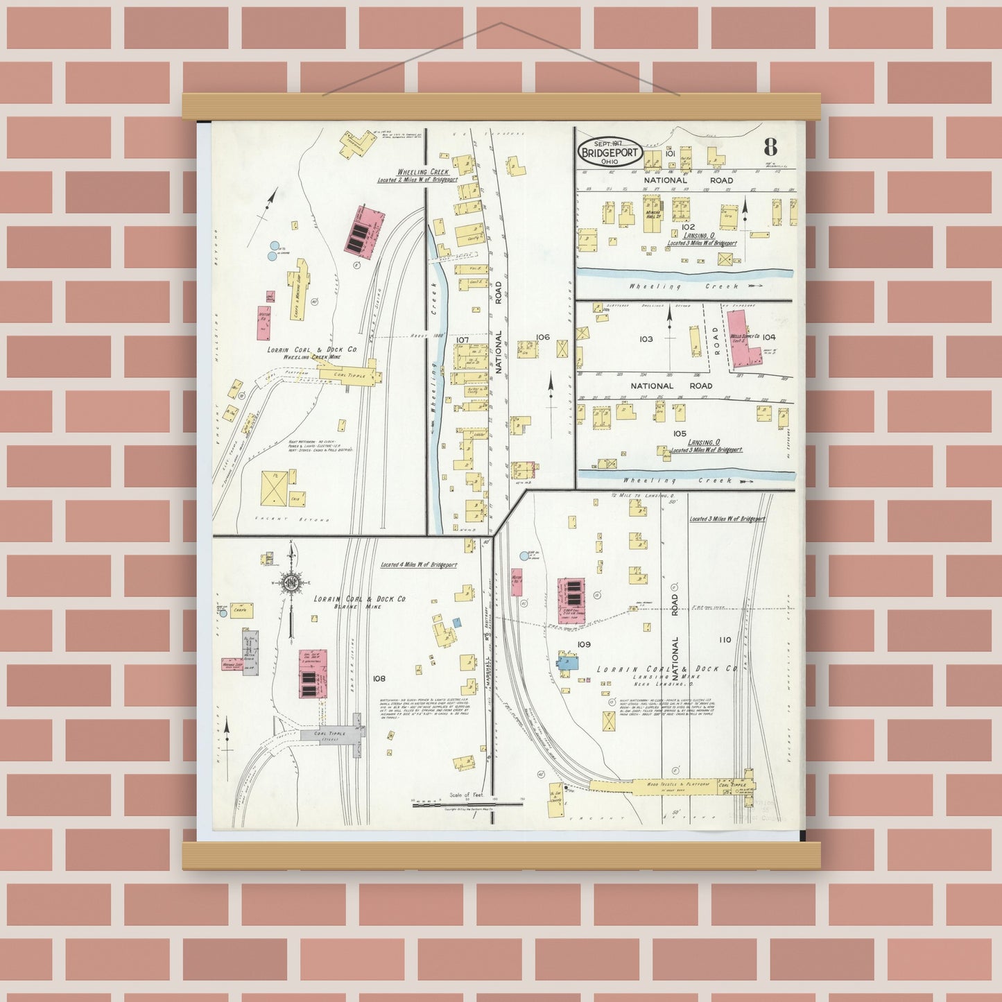 Old map wall art mockup — magnetic wood frame on brick wall — Sanborn Fire Insurance Map from Bridgeport, Belmont County, Ohio (1917), Sheet #0008