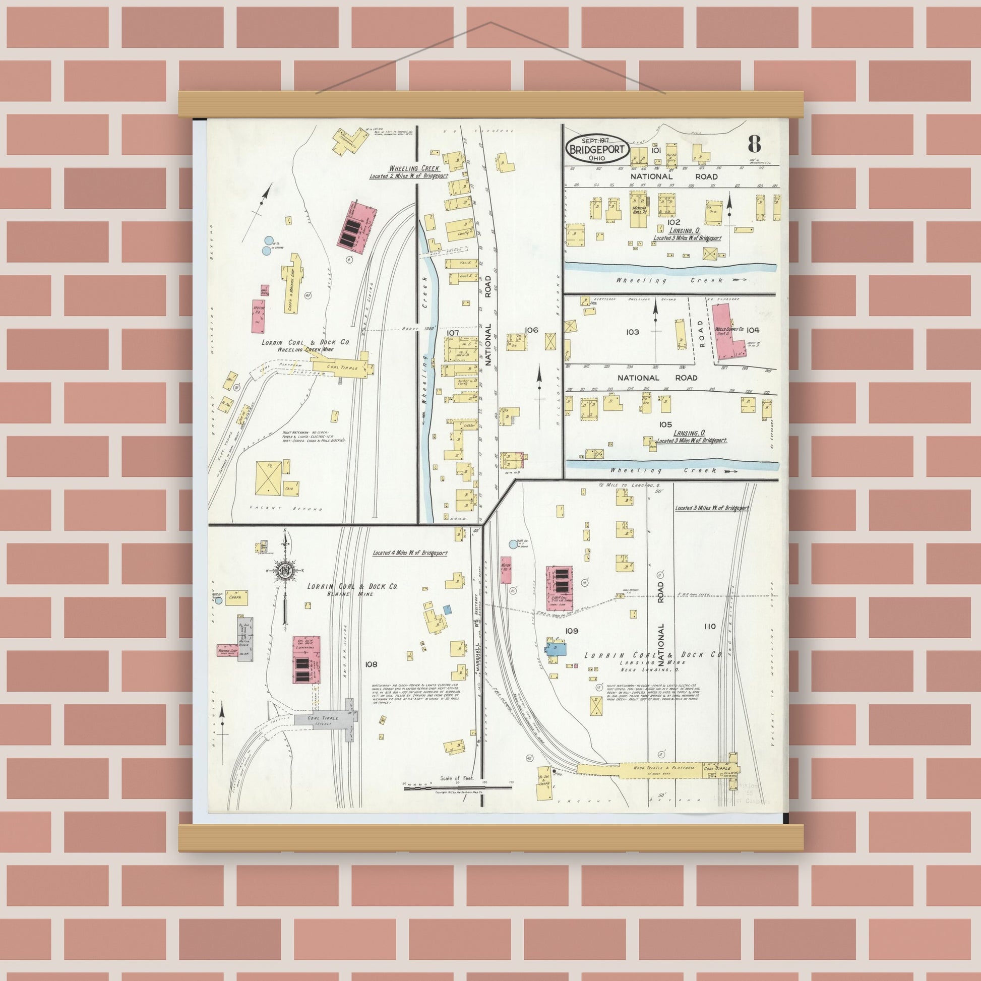 Old map wall art mockup — magnetic wood frame on brick wall — Sanborn Fire Insurance Map from Bridgeport, Belmont County, Ohio (1917), Sheet #0008