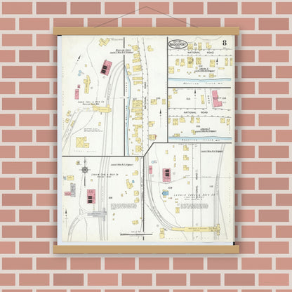 Old map wall art mockup — magnetic wood frame on brick wall — Sanborn Fire Insurance Map from Bridgeport, Belmont County, Ohio (1917), Sheet #0008