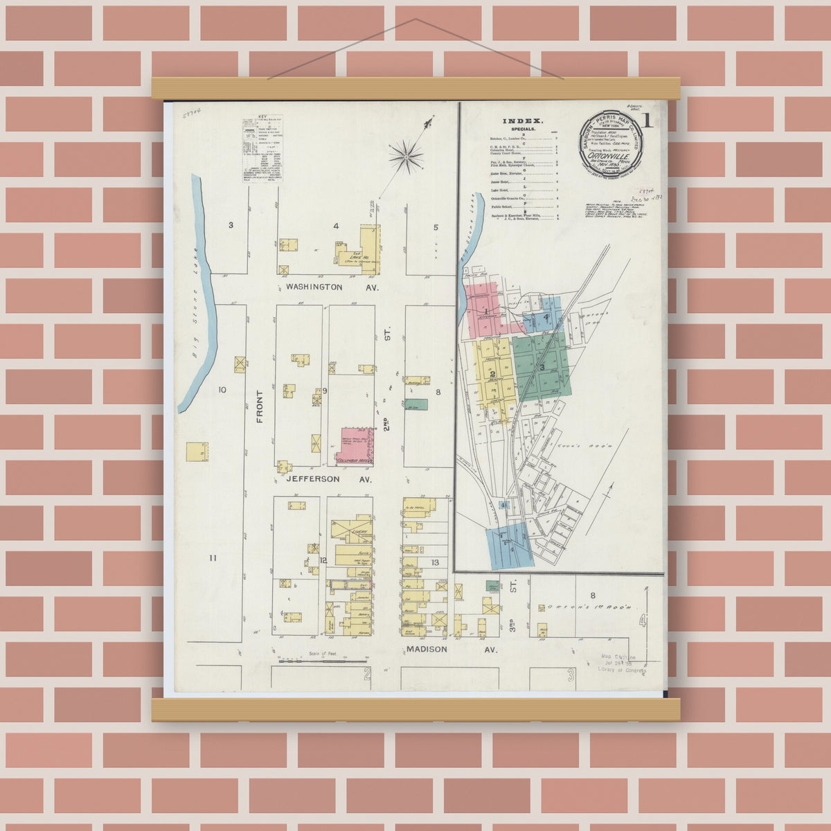 Old map wall art mockup — magnetic wood frame on brick wall — Sanborn Fire Insurance Map from Ortonville, Big Stone County, Minnesota (1893) - Complete Map Set