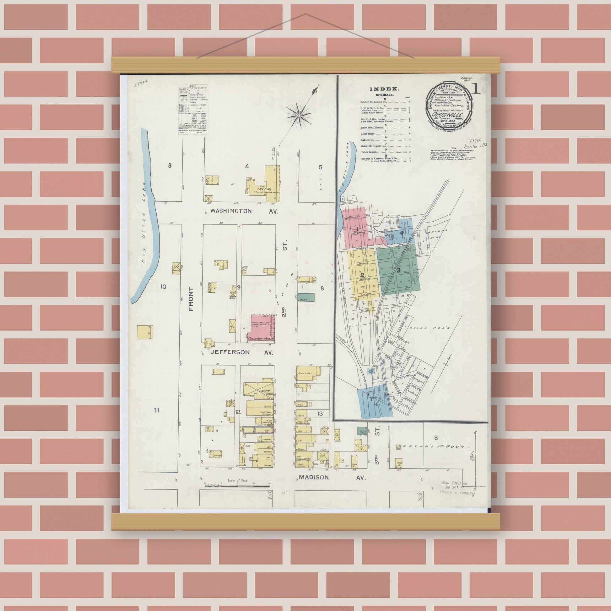 Old map wall art mockup — magnetic wood frame on brick wall — Sanborn Fire Insurance Map from Ortonville, Big Stone County, Minnesota (1893) - Complete Map Set