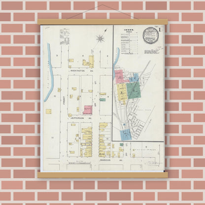 Old map wall art mockup — magnetic wood frame on brick wall — Sanborn Fire Insurance Map from Ortonville, Big Stone County, Minnesota (1893) - Complete Map Set