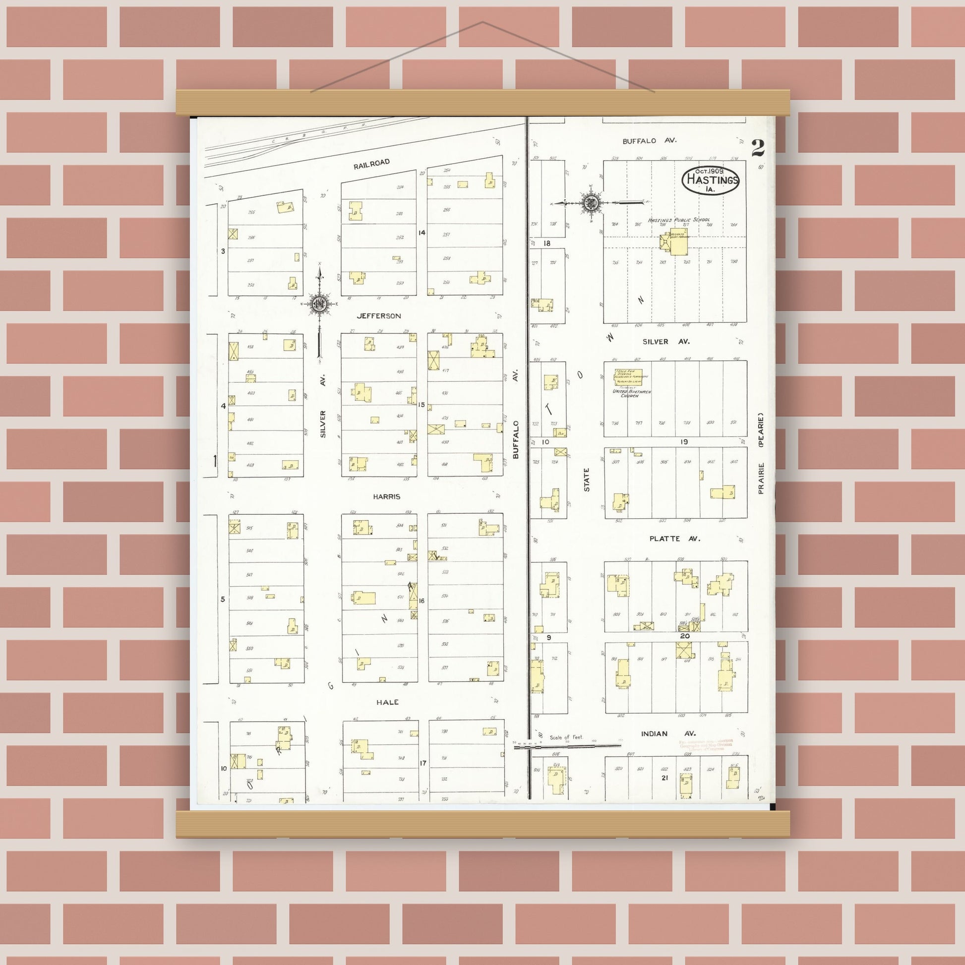 Old map wall art mockup — magnetic wood frame on brick wall — Sanborn Fire Insurance Map from Hastings, Mills County, Iowa (1909), Sheet #0002