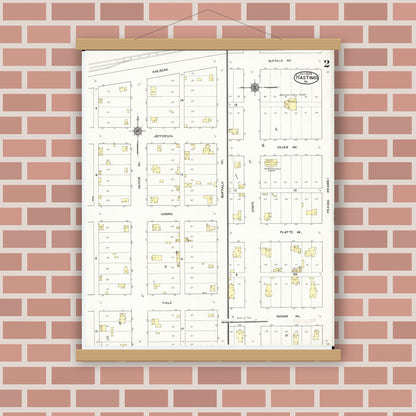 Old map wall art mockup — magnetic wood frame on brick wall — Sanborn Fire Insurance Map from Hastings, Mills County, Iowa (1909), Sheet #0002
