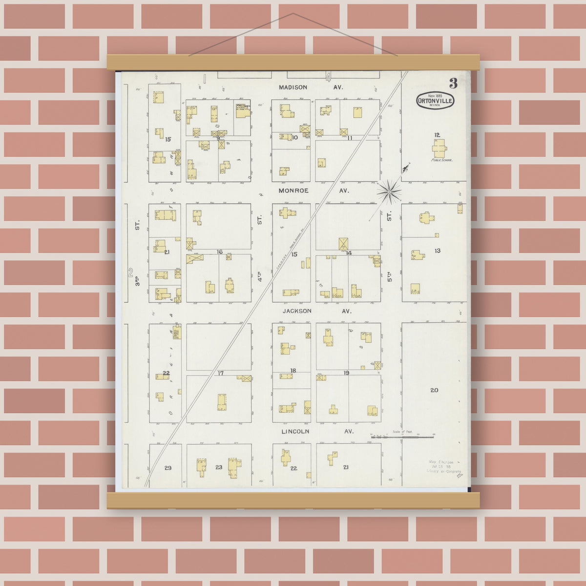 Old map wall art mockup — magnetic wood frame on brick wall — Sanborn Fire Insurance Map from Ortonville, Big Stone County, Minnesota (1893), Sheet #0003