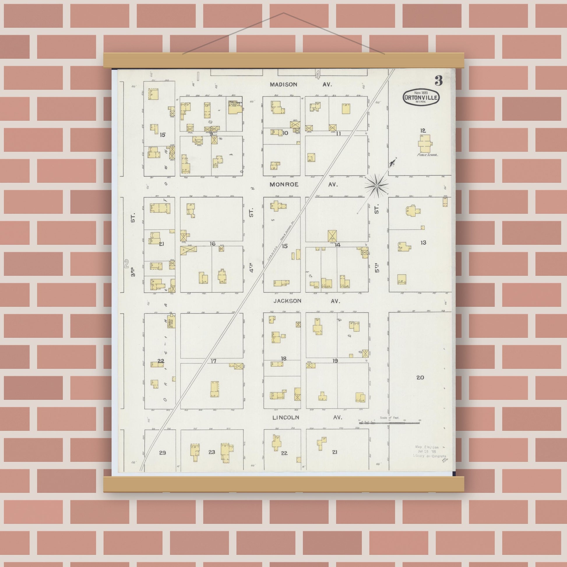Old map wall art mockup — magnetic wood frame on brick wall — Sanborn Fire Insurance Map from Ortonville, Big Stone County, Minnesota (1893), Sheet #0003