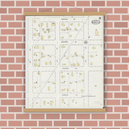 Old map wall art mockup — magnetic wood frame on brick wall — Sanborn Fire Insurance Map from Ortonville, Big Stone County, Minnesota (1893), Sheet #0003