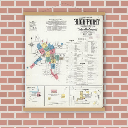 Old map wall art mockup — magnetic wood frame on brick wall — Sanborn Fire Insurance Map from High Point, Guilford County, North Carolina (1906) - Complete Map Set