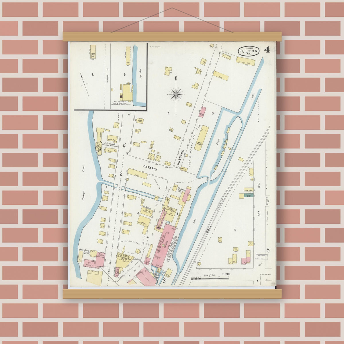 Old map wall art mockup — magnetic wood frame on brick wall — Sanborn Fire Insurance Map from Fulton, Oswego County, New York (1896), Sheet #0004
