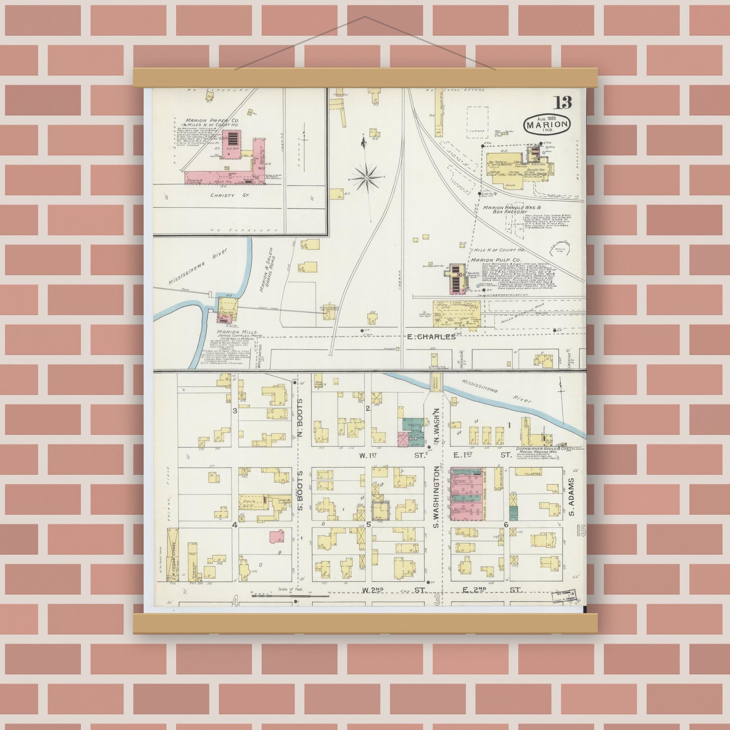Old map wall art mockup — magnetic wood frame on brick wall — Sanborn Fire Insurance Map from Marion, Grant County, Indiana (1893), Sheet #0013