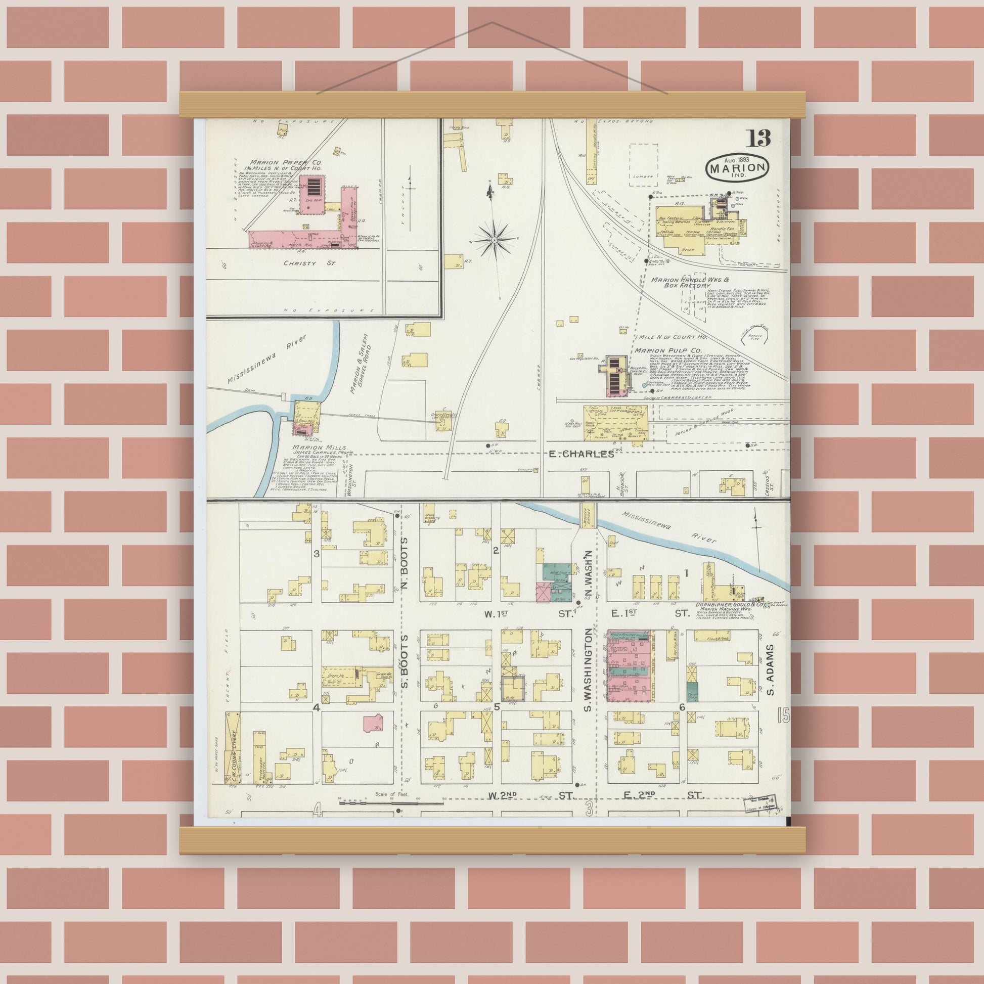 Old map wall art mockup — magnetic wood frame on brick wall — Sanborn Fire Insurance Map from Marion, Grant County, Indiana (1893), Sheet #0013