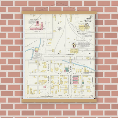 Old map wall art mockup — magnetic wood frame on brick wall — Sanborn Fire Insurance Map from Marion, Grant County, Indiana (1893), Sheet #0013