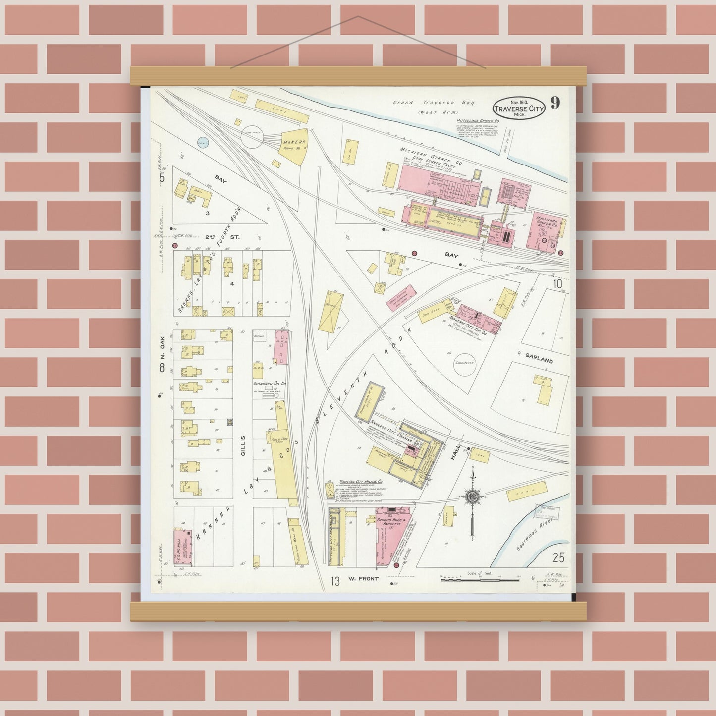 Old map wall art mockup — magnetic wood frame on brick wall — Sanborn Fire Insurance Map from Traverse City, Grand Traverse County, Michigan (1910), Sheet #0009