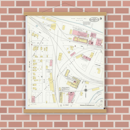 Old map wall art mockup — magnetic wood frame on brick wall — Sanborn Fire Insurance Map from Traverse City, Grand Traverse County, Michigan (1910), Sheet #0009