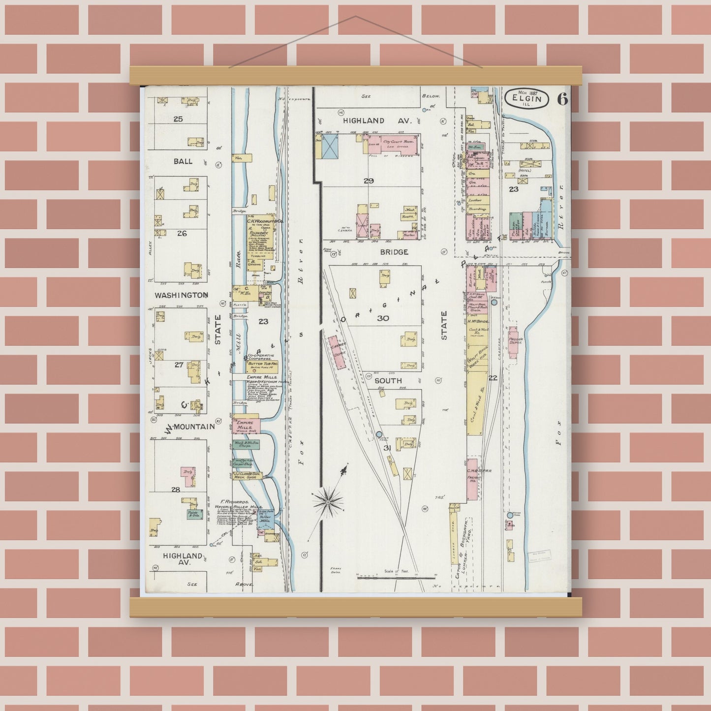 Old map wall art mockup — magnetic wood frame on brick wall — Sanborn Fire Insurance Map from Elgin, Kane County, Illinois (1887), Sheet #0006