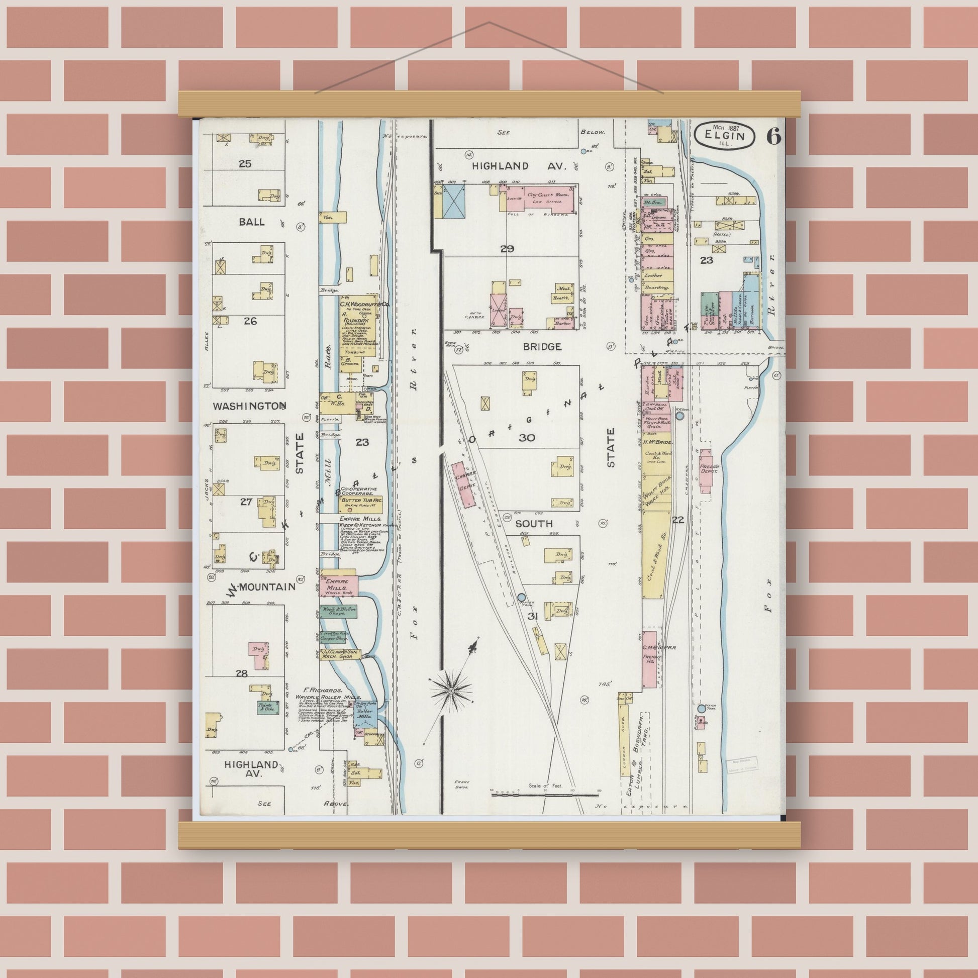 Old map wall art mockup — magnetic wood frame on brick wall — Sanborn Fire Insurance Map from Elgin, Kane County, Illinois (1887), Sheet #0006