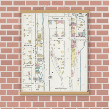 Old map wall art mockup — magnetic wood frame on brick wall — Sanborn Fire Insurance Map from Elgin, Kane County, Illinois (1887), Sheet #0006