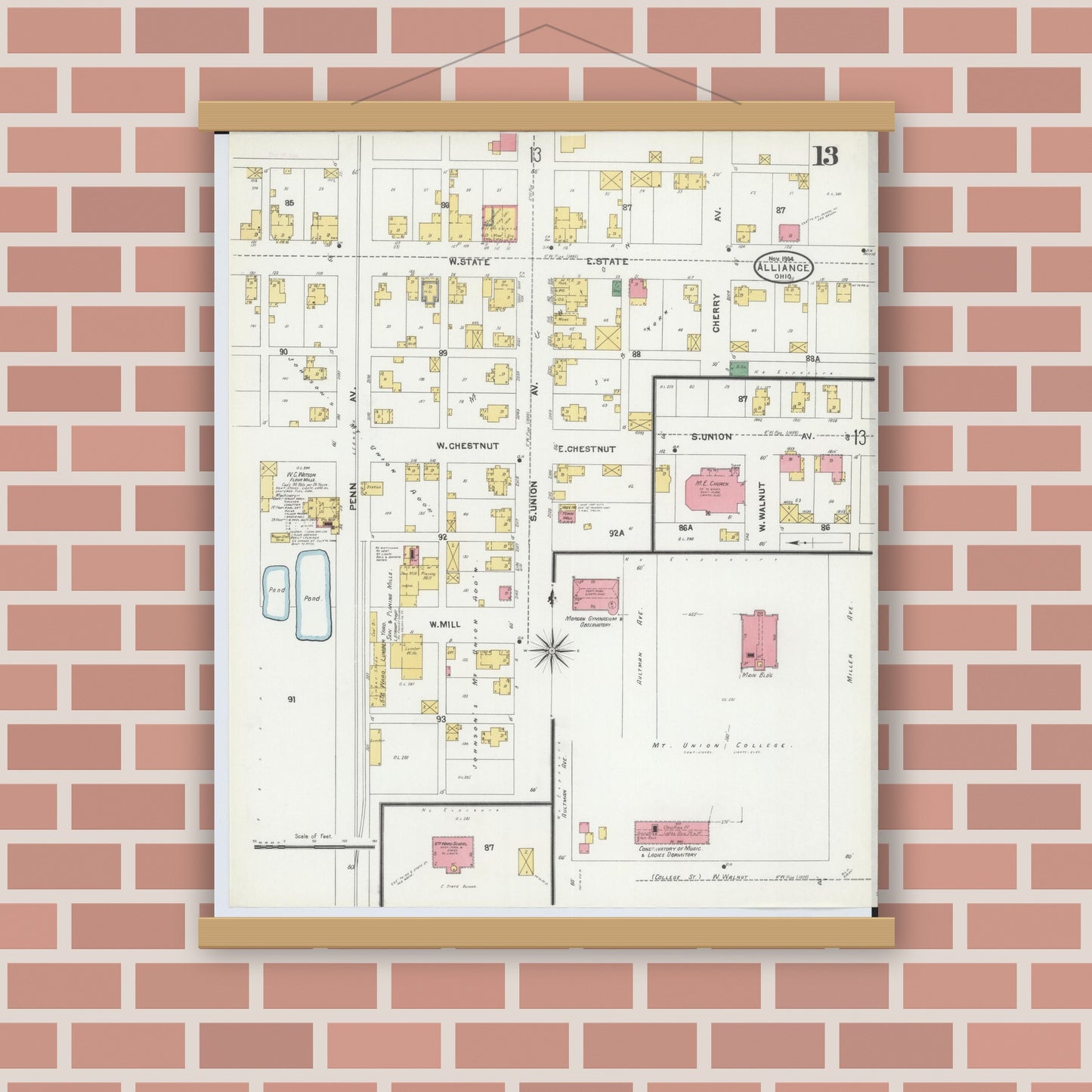 Old map wall art mockup — magnetic wood frame on brick wall — Sanborn Fire Insurance Map from Alliance, Stark County, Ohio (1904), Sheet #0013