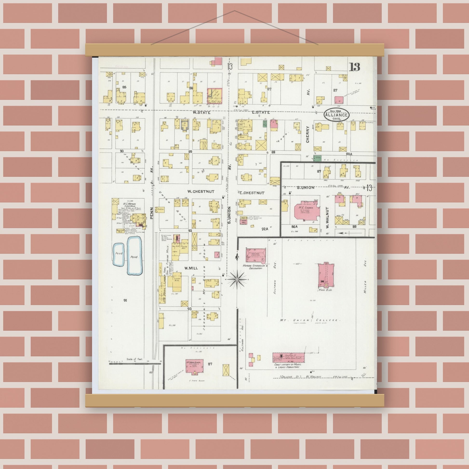 Old map wall art mockup — magnetic wood frame on brick wall — Sanborn Fire Insurance Map from Alliance, Stark County, Ohio (1904), Sheet #0013