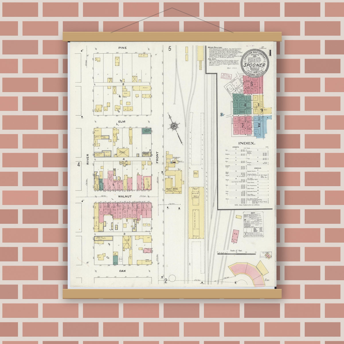 Old map wall art mockup — magnetic wood frame on brick wall — Sanborn Fire Insurance Map from Spooner, Washburn County, Wisconsin (1909) - Complete Map Set