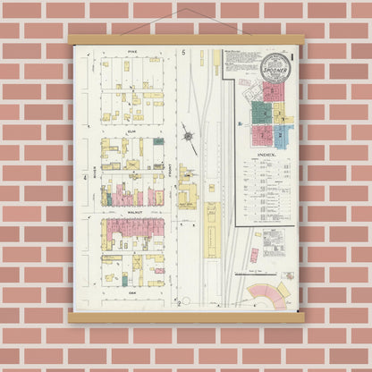 Old map wall art mockup — magnetic wood frame on brick wall — Sanborn Fire Insurance Map from Spooner, Washburn County, Wisconsin (1909) - Complete Map Set