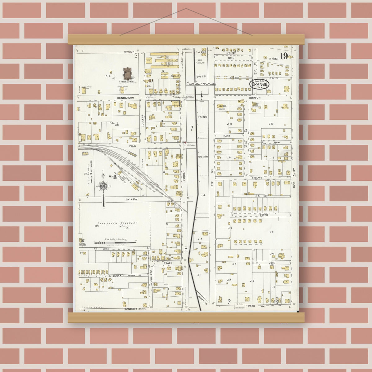 Old map wall art mockup — magnetic wood frame on brick wall — Sanborn Fire Insurance Map from Orange, Orange County, Texas (1919), Sheet #0019