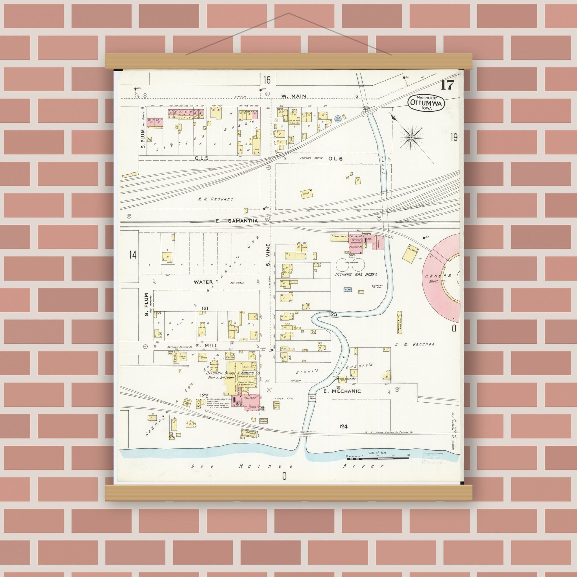 Old map wall art mockup — magnetic wood frame on brick wall — Sanborn Fire Insurance Map from Ottumwa, Wapello County, Iowa (1897), Sheet #0017