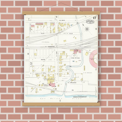 Old map wall art mockup — magnetic wood frame on brick wall — Sanborn Fire Insurance Map from Ottumwa, Wapello County, Iowa (1897), Sheet #0017