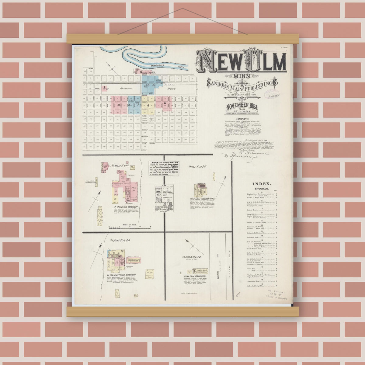 Old map wall art mockup — magnetic wood frame on brick wall — Sanborn Fire Insurance Map from New Ulm, Brown County, Minnesota (1884) - Complete Map Set