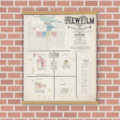 Old map wall art mockup — magnetic wood frame on brick wall — Sanborn Fire Insurance Map from New Ulm, Brown County, Minnesota (1884) - Complete Map Set