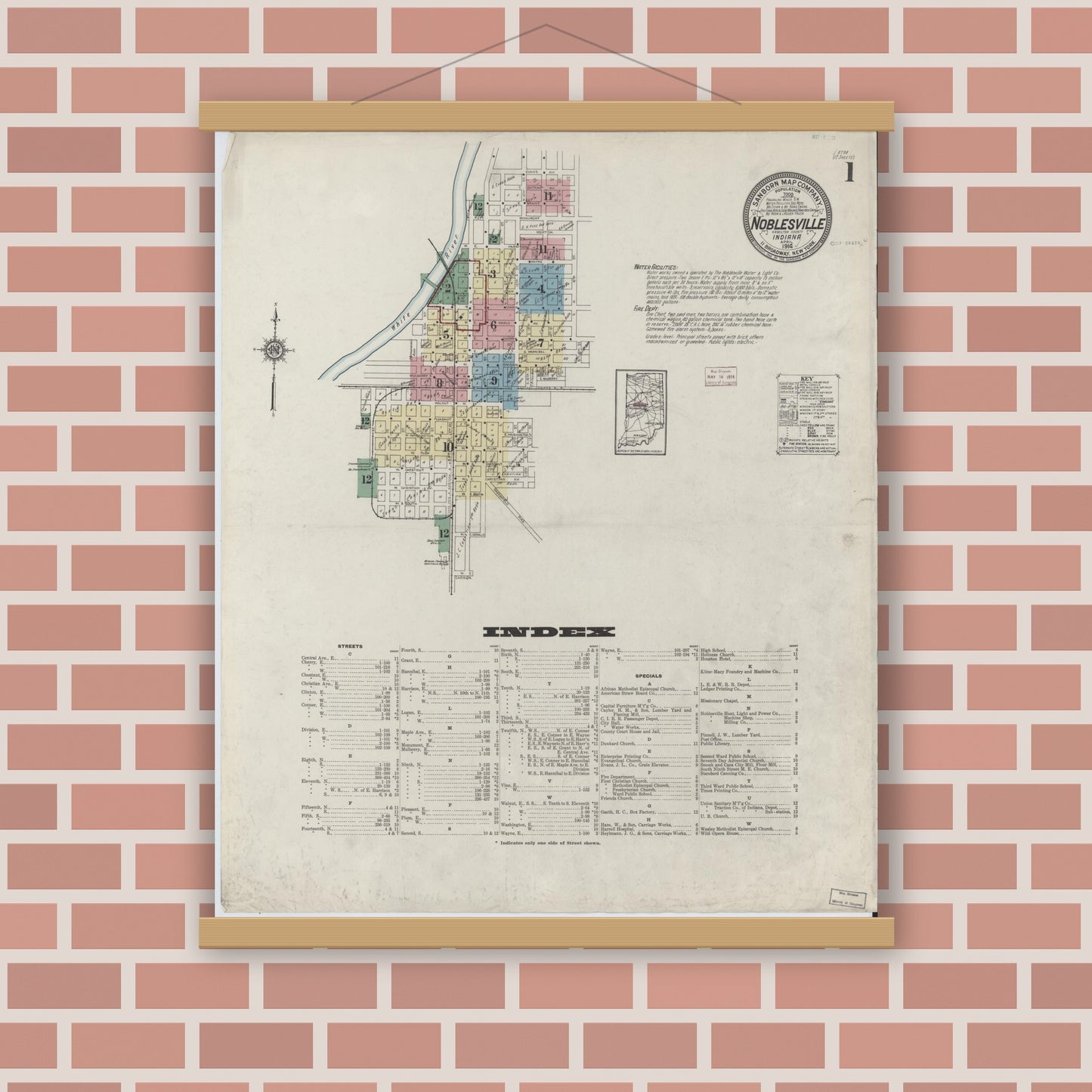 Old map wall art mockup — magnetic wood frame on brick wall — Sanborn Fire Insurance Map from Noblesville, Hamilton County, Indiana (1914) - Complete Map Set