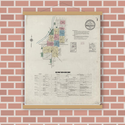 Old map wall art mockup — magnetic wood frame on brick wall — Sanborn Fire Insurance Map from Noblesville, Hamilton County, Indiana (1914) - Complete Map Set