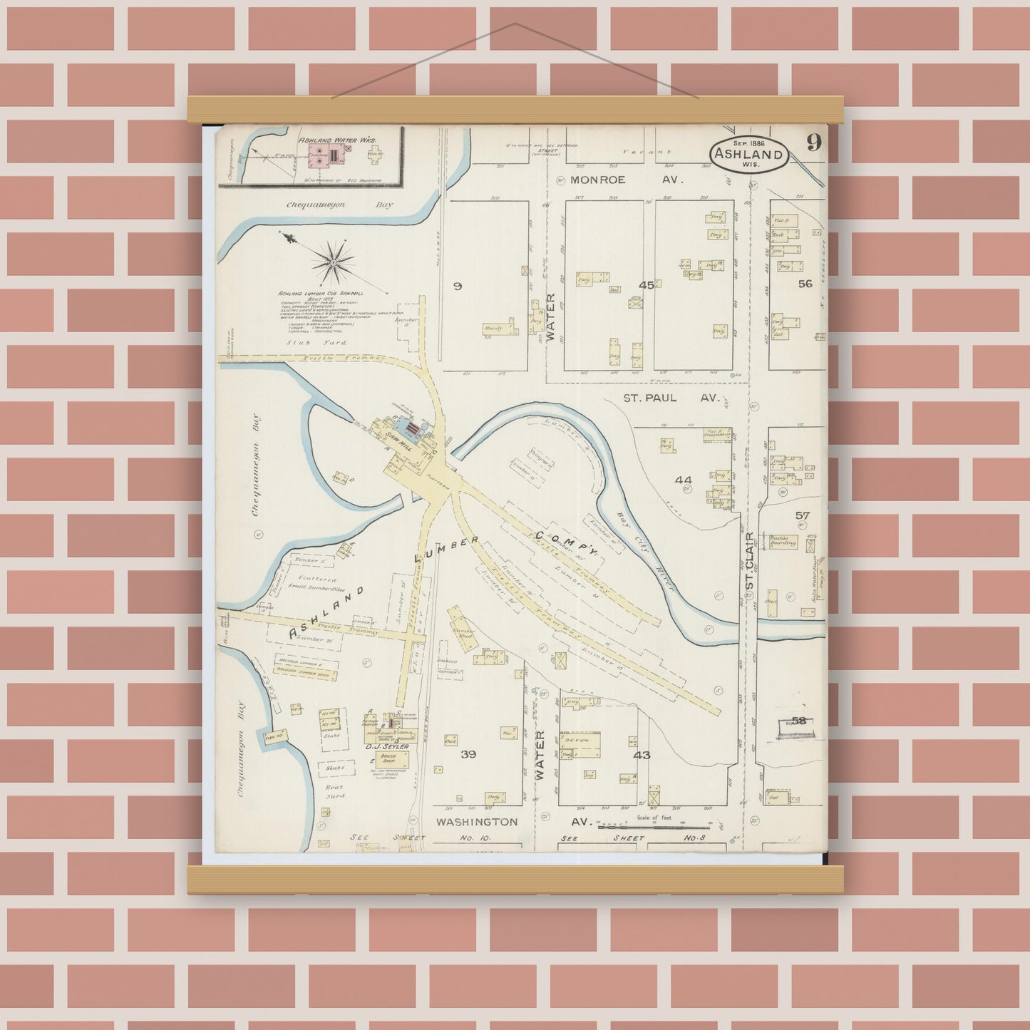 Old map wall art mockup — magnetic wood frame on brick wall — Sanborn Fire Insurance Map from Ashland, Ashland County, Wisconsin (1886), Sheet #0009