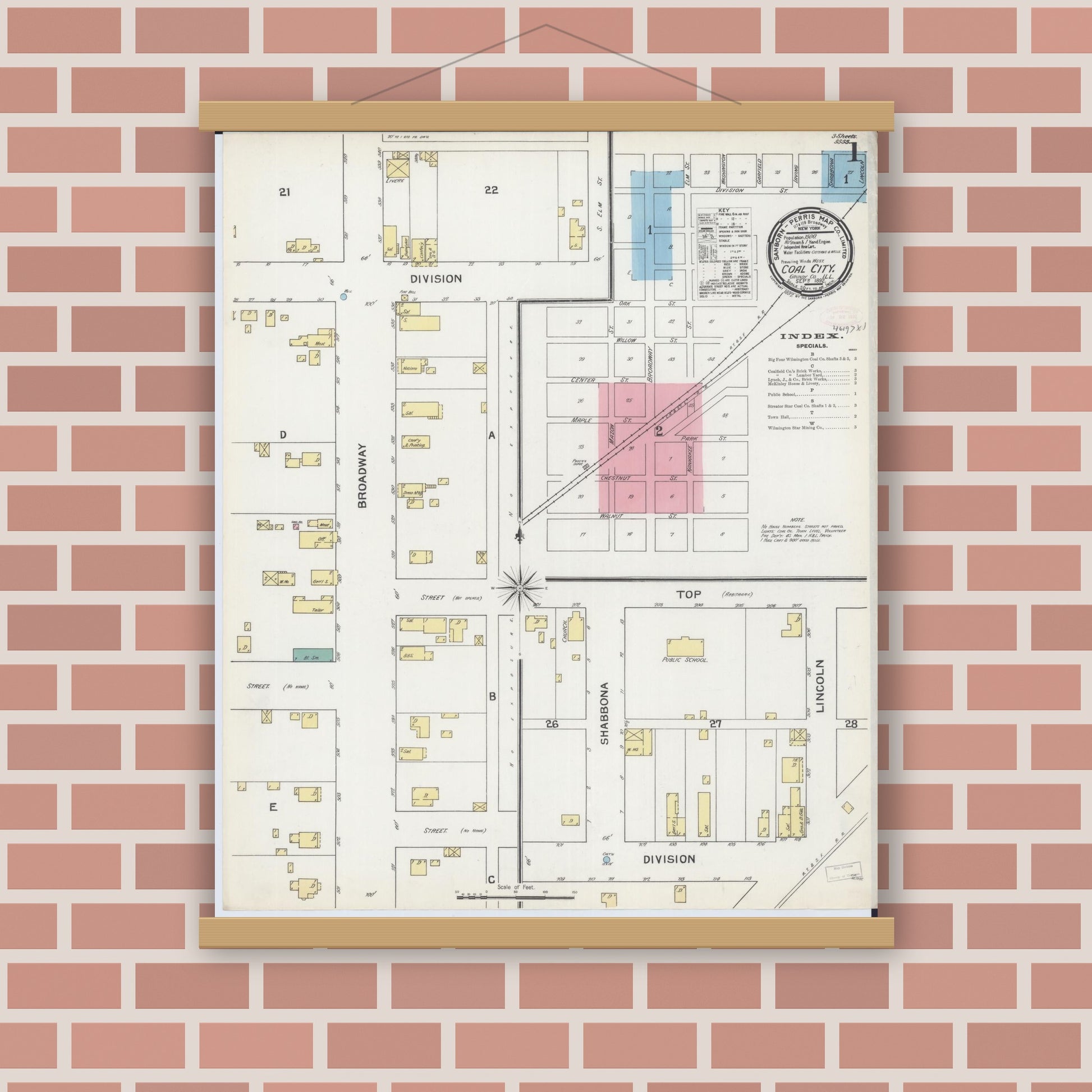 Old map wall art mockup — magnetic wood frame on brick wall — Sanborn Fire Insurance Map from Coal City, Grundy County, Illinois (1892) - Complete Map Set