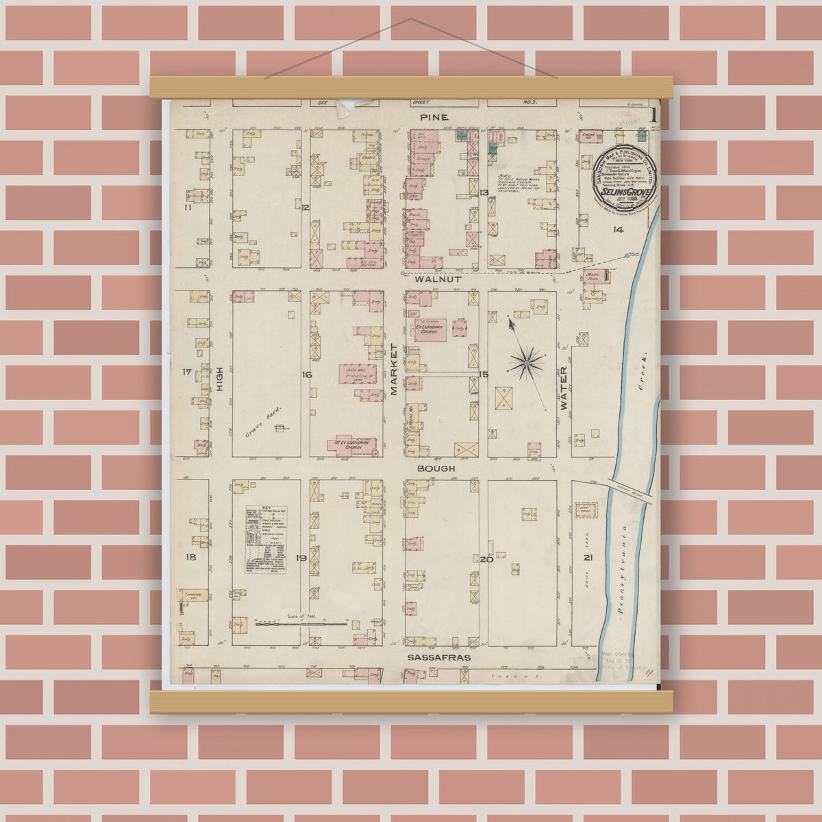 Old map wall art mockup — magnetic wood frame on brick wall — Sanborn Fire Insurance Map from Selins Grove, Snyder County, Pennsylvania (1885) - Complete Map Set
